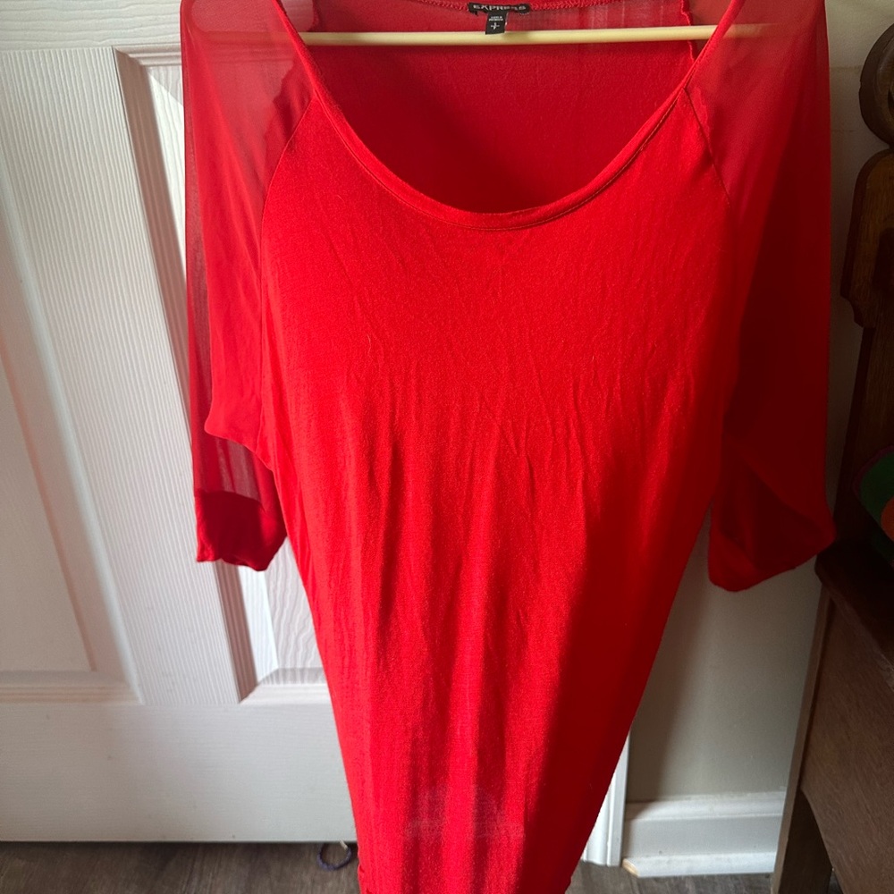 Ladies Red Express Top- sheer sleeves S